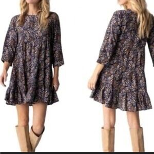Natural Life Dark Paisley Tired Mini Babydoll Dress Size Small Boho